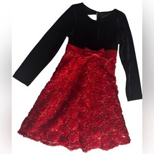 Bonnie Jean Girls Long Sleeved Black/Red Velvet Satin Bow Waist Sequins Dress